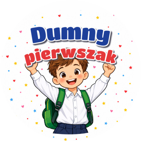 Wzór: Przypinka Dumny Pierwszak Chłopiec z Plecakiem – grafika z napisem Dumny pierwszak