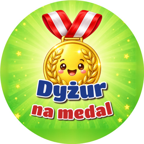 Wzór: Przypinka Dyżur na Medal – kolorowa grafika z napisem Dyżur na medal