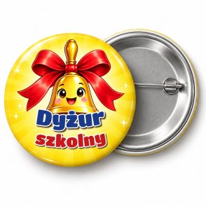 Przypinka Dyżur Szkolny Dzwonek: przypinka dla dyżurnego z napisem Dyżur szkolny – przód i aluminiowy tył z agrafką