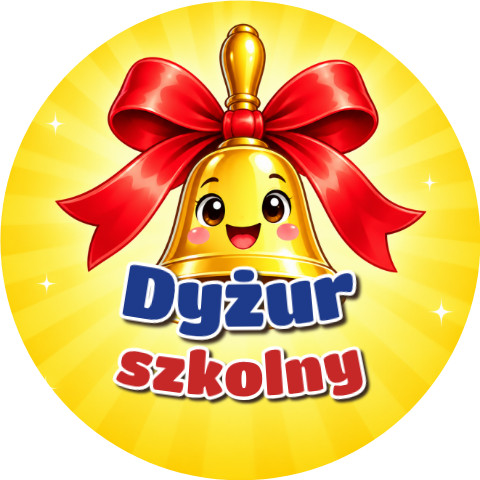 Wzór: Przypinka Dyżur Szkolny Dzwonek – kolorowa grafika z napisem Dyżur szkolny