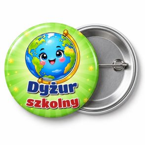 Przypinka Dyżur Szkolny Globus: przypinka dla dyżurnego z napisem Dyżur szkolny – przód i aluminiowy tył z agrafką