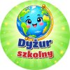 Wzór: Przypinka Dyżur Szkolny Globus – kolorowa grafika z napisem Dyżur szkolny
