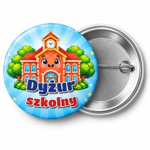 Przypinka Dyżur Szkolny Szkoła: przypinka dla dyżurnego z napisem Dyżur szkolny – przód i aluminiowy tył z agrafką