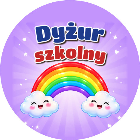 Wzór: Przypinka Dyżur Szkolny Tęcza – kolorowa grafika z napisem Dyżur szkolny