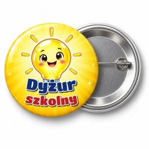 Przypinka Dyżur Szkolny Żarówka: przypinka dla dyżurnego z napisem Dyżur szkolny – przód i aluminiowy tył z agrafką