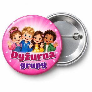 Przypinka Dyżurna Grupy Przedszkolaki: przypinka dla dyżurnego z napisem Dyżurna grupy – przód i aluminiowy tył z agrafką