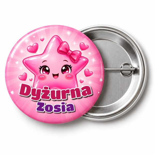 Przypinka Dyżurna Gwiazdka z Imieniem: przypinka dla dyżurnego z napisem Dyżurna oraz polem imię (np. Zosia) – przód i aluminiowy tył z agrafką