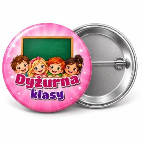Przypinka Dyżurna Klasy Tablica i Dzieci: przypinka dla dyżurnego z napisem Dyżurna klasy – przód i aluminiowy tył z agrafką