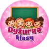 Wzór: Przypinka Dyżurna Klasy Tablica i Dzieci – kolorowa grafika z napisem Dyżurna klasy