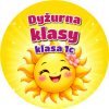 Wzór: Przypinka Dyżurna Klasy ze Słoneczkiem – napis Dyżurna klasy i pole klasa na kolorowej grafice