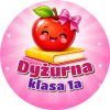 Wzór: Przypinka Dyżurna z Jabłkiem – napis Dyżurna i pole klasa na kolorowej grafice