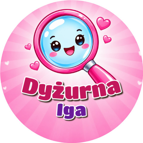 Wzór: Przypinka Dyżurna z Lupą – napis Dyżurna i pole imię na kolorowej grafice