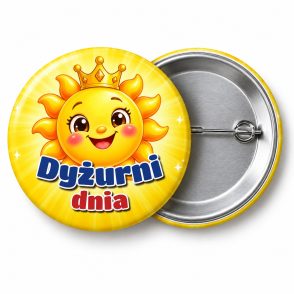 Przypinka Dyżurni Dnia Słoneczko: przypinka dla dyżurnego z napisem Dyżurni dnia – przód i aluminiowy tył z agrafką
