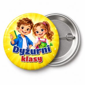 Przypinka Dyżurni Klasy Dzieci: przypinka dla dyżurnego z napisem Dyżurni klasy – przód i aluminiowy tył z agrafką