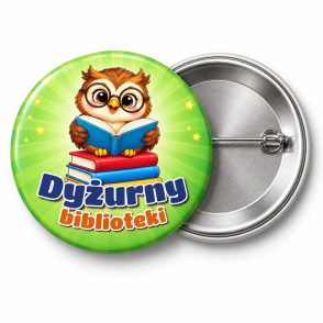Przypinka Dyżurny Biblioteki Sowa: przypinka dla dyżurnego z napisem Dyżurny biblioteki – przód i aluminiowy tył z agrafką