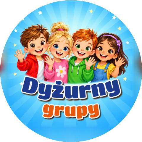 Wzór: Przypinka Dyżurny Grupy Przedszkolaki – kolorowa grafika z napisem Dyżurny grupy
