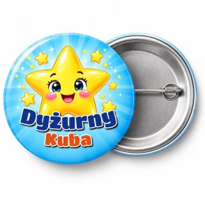 Przypinka Dyżurny Gwiazdka z Imieniem: przypinka dla dyżurnego z napisem Dyżurny oraz polem imię (np. Kuba) – przód i aluminiowy tył z agrafką