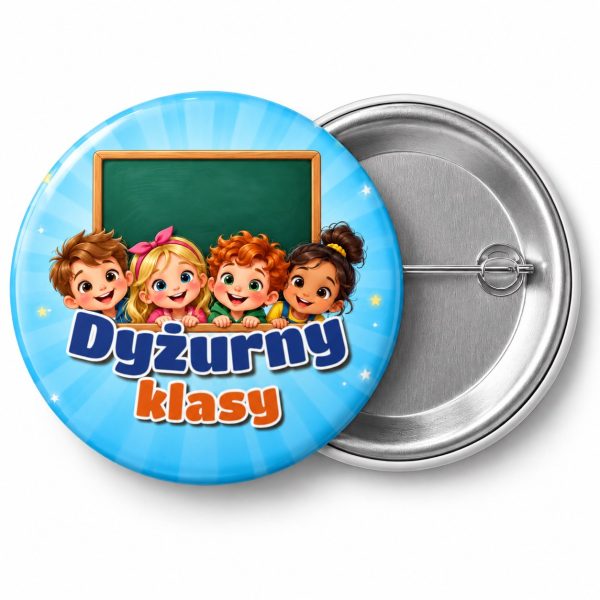 Przypinka Dyżurny Klasy Tablica i Dzieci: przypinka dla dyżurnego z napisem Dyżurny klasy – przód i aluminiowy tył z agrafką