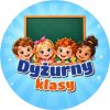 Wzór: Przypinka Dyżurny Klasy Tablica i Dzieci – kolorowa grafika z napisem Dyżurny klasy