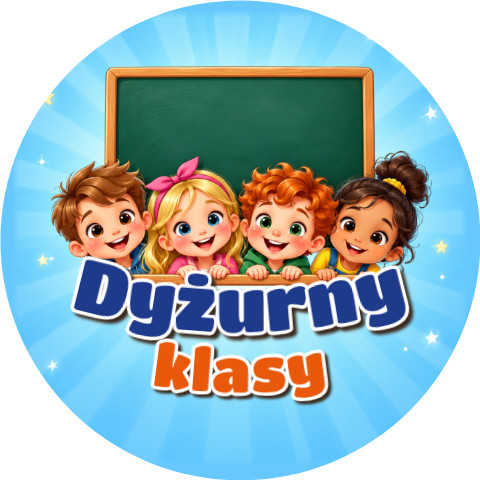Wzór: Przypinka Dyżurny Klasy Tablica i Dzieci – kolorowa grafika z napisem Dyżurny klasy