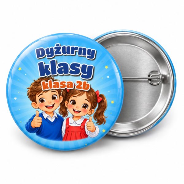 Przypinka Dyżurny Klasy z Dziećmi: przypinka dla dyżurnego z napisem Dyżurny klasy oraz polem klasa (np. klasa 2b) – przód i aluminiowy tył z agrafką
