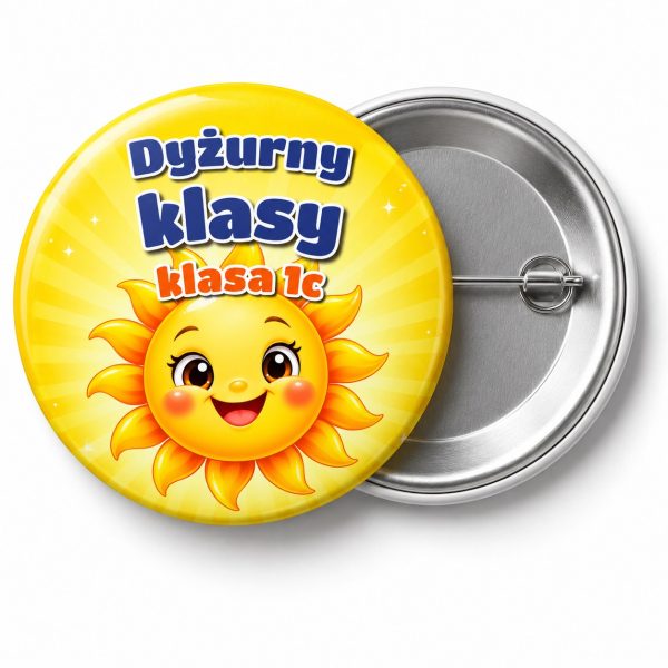 Przypinka Dyżurny Klasy ze Słoneczkiem: przypinka dla dyżurnego z napisem Dyżurny klasy oraz polem klasa (np. klasa 1c) – przód i aluminiowy tył z agrafką