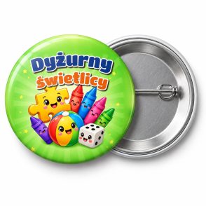 Przypinka Dyżurny Świetlicy Zabawki: przypinka dla dyżurnego z napisem Dyżurny świetlicy – przód i aluminiowy tył z agrafką