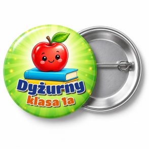 Przypinka Dyżurny z Jabłkiem: przypinka dla dyżurnego z napisem Dyżurny oraz polem klasa (np. klasa 1a) – przód i aluminiowy tył z agrafką