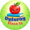 Wzór: Przypinka Dyżurny z Jabłkiem – napis Dyżurny i pole klasa na kolorowej grafice