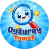 Wzór: Przypinka Dyżurny z Lupą – napis Dyżurny i pole imię na kolorowej grafice