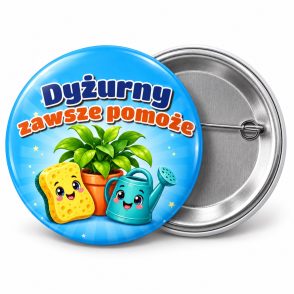 Przypinka Dyżurny Zawsze Pomoże: przypinka dla dyżurnego z napisem Dyżurny zawsze pomoże – przód i aluminiowy tył z agrafką