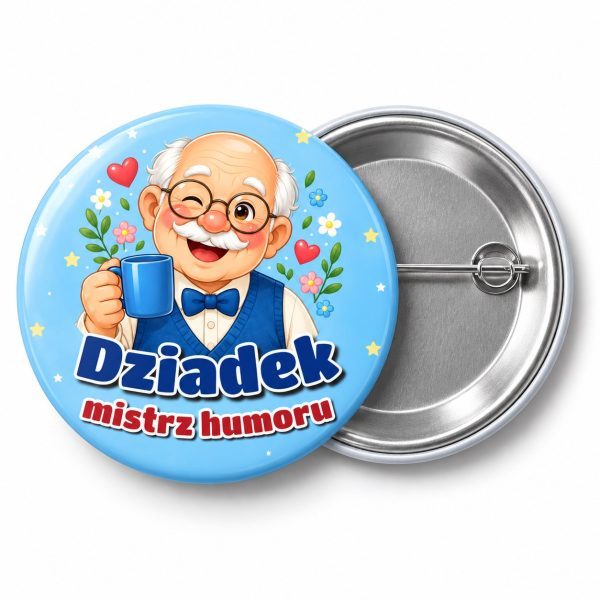 Przypinka Dziadek Mistrz Humoru: przypinka na Dzień Babci i Dziadka z napisem Dziadek mistrz humoru – przód i aluminiowy tył z agrafką