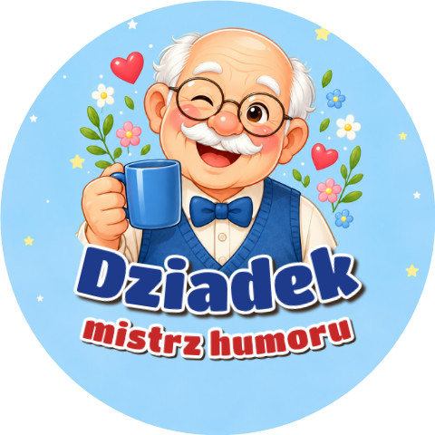 Wzór: Przypinka Dziadek Mistrz Humoru – pastelowa grafika z napisem Dziadek mistrz humoru