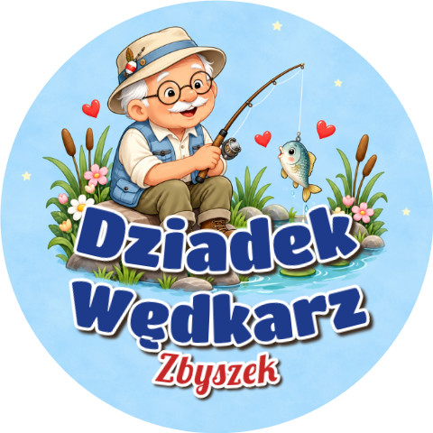 Wzór: Przypinka Dziadek Wędkarz z Imieniem – napis Dziadek Wędkarz i pole imię na pastelowej grafice