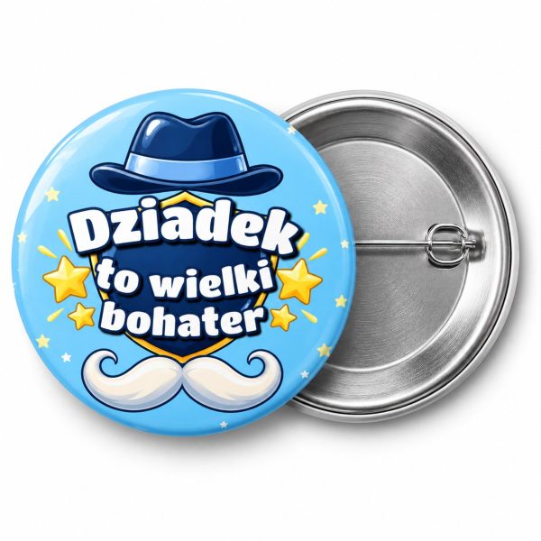 Przypinka Dziadek Wielki Bohater: przypinka na Dzień Babci i Dziadka z napisem Dziadek to wielki bohater – przód i aluminiowy tył z agrafką