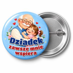 Przypinka Dziadek Zawsze Wspiera: przypinka na Dzień Babci i Dziadka z napisem Dziadek zawsze mnie wspiera – przód i aluminiowy tył z agrafką