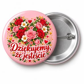 Przypinka Dziękujemy Seniorom: kolorowa przypinka na Dzień Seniora z napisem Dziękujemy, że jesteście – przód i aluminiowy tył z agrafką
