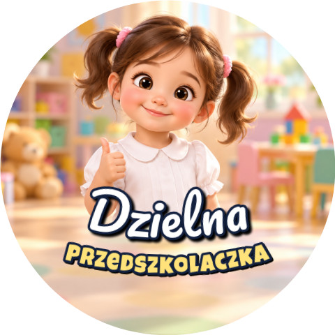 Wzór: Przypinka Dzielna Przedszkolaczka Dziewczynka z Kucykami – grafika z napisem Dzielna przedszkolaczka