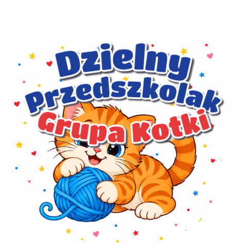 Wzór: Przypinka Dzielny Przedszkolak Grupa Kotki – napis Dzielny Przedszkolak i pole grupa