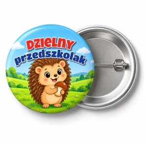 Przypinka Dzielny Przedszkolak Jeżyk z Grzybkiem: przypinka na pasowanie na przedszkolaka z napisem Dzielny przedszkolak – przód i aluminiowy tył z agrafką