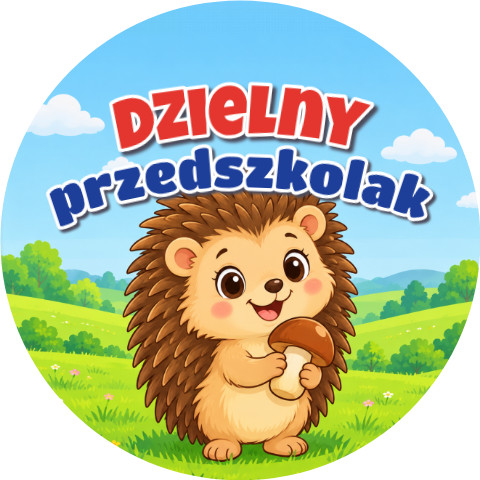 Wzór: Przypinka Dzielny Przedszkolak Jeżyk z Grzybkiem – grafika z napisem Dzielny przedszkolak