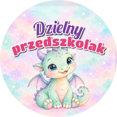 Wzór: Przypinka Dzielny Przedszkolak Mały Smok – grafika z napisem Dzielny przedszkolak