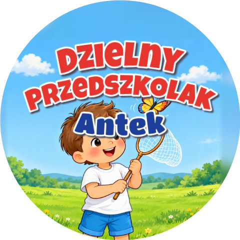 Wzór: Przypinka Dzielny Przedszkolak z Imieniem Chłopiec z Siatką na Motyle – napis Dzielny Przedszkolak i pole imię