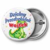 Przypinka Dzielny Przedszkolak z Imieniem Kredkowy Dinozaur: przypinka na pasowanie na przedszkolaka z napisem Dzielny Przedszkolak oraz polem imię (np. Wojtek) – przód i aluminiowy tył z agrafką