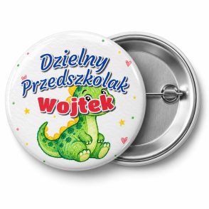 Przypinka Dzielny Przedszkolak z Imieniem Kredkowy Dinozaur: przypinka na pasowanie na przedszkolaka z napisem Dzielny Przedszkolak oraz polem imię (np. Wojtek) – przód i aluminiowy tył z agrafką