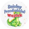 Wzór: Przypinka Dzielny Przedszkolak z Imieniem Kredkowy Dinozaur – napis Dzielny Przedszkolak i pole imię