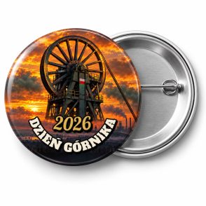 Przypinka Dzień Górnika Koło Wyciągowe: przypinka na Barbórkę z napisem DZIEŃ GÓRNIKA oraz polem rok (np. 2026) – przód i aluminiowy tył z agrafką