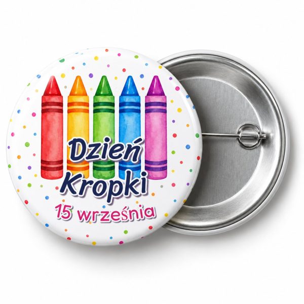 Przypinka Dzień Kropki 15 Września Kredki: przypinka na Dzień Kropki z napisem Dzień Kropki oraz polem data (np. 15 września) – przód i aluminiowy tył z agrafką
