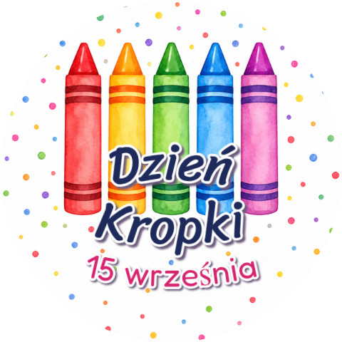 Wzór: Przypinka Dzień Kropki 15 Września Kredki – napis Dzień Kropki i pole data