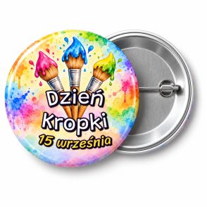 Przypinka Dzień Kropki 15 Września Pędzle: przypinka na Dzień Kropki z napisem Dzień Kropki oraz polem data (np. 15 września) – przód i aluminiowy tył z agrafką